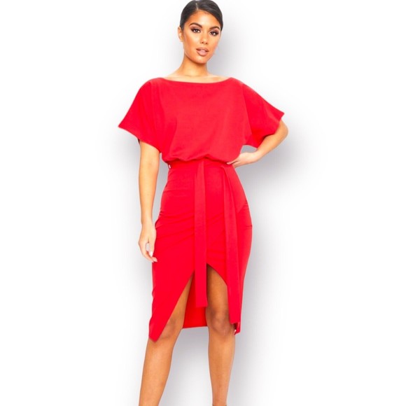 PRETTYLITTLETHING Dresses & Skirts - Pretty Little Thing Wrap Front Red Flutter Kimono Sleeve Midi Dress Size 8 NWT